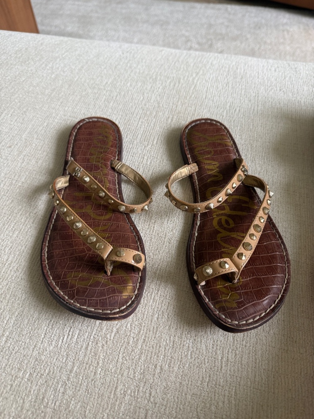 Sam Edelman Studded Metallic Brown Leather Toe-Loop Sandals